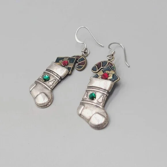 Vintage Christmas Stocking Pierced Earrings Enamel Silver tone Dangle 1 3/8" - Picture 5 of 6